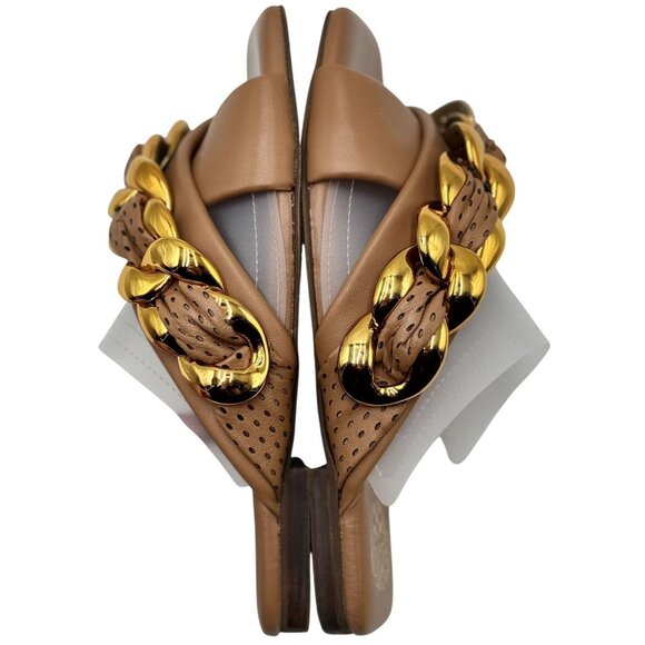 Vince Camuto Womens Slide Sandals 8 Azori Brown Leather Square Toe Gold Chain - Picture 6 of 9